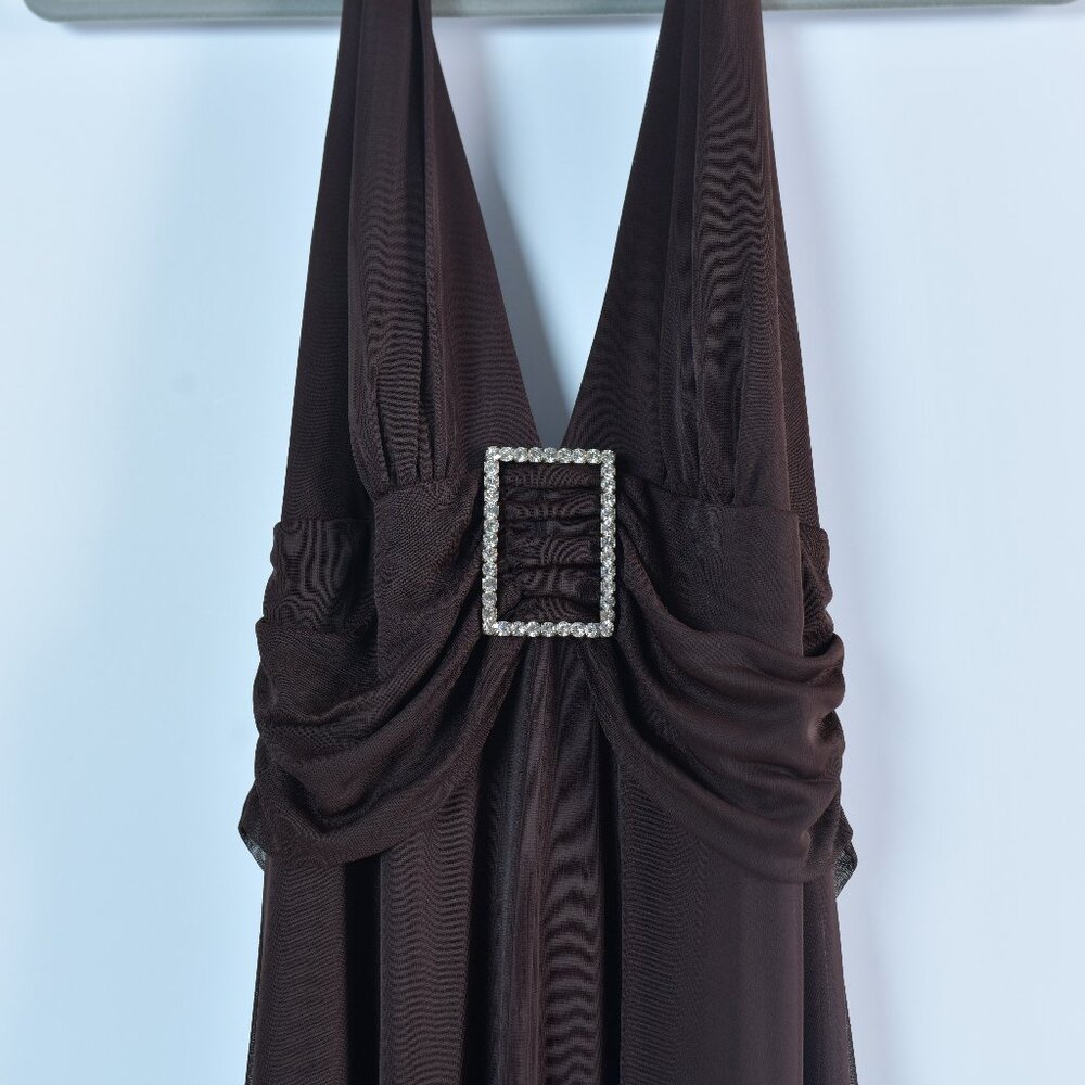 V-Neck Long Gown with center broach, Chocolate Brown